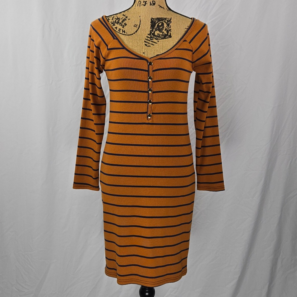 Rue21 Mustard Navy Striped Ribbed Henley Bodycon Dress Size L NWT